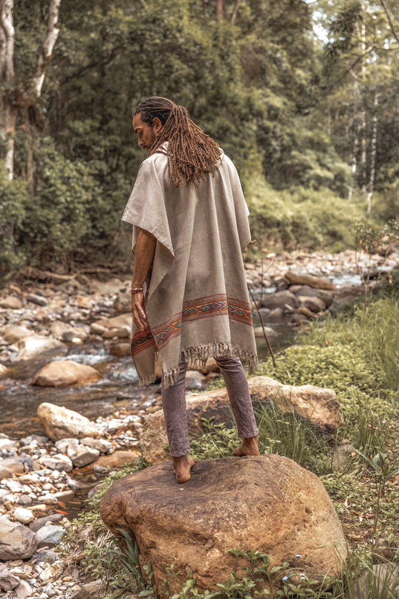 Men's Long Square Tribal Cashmere Poncho