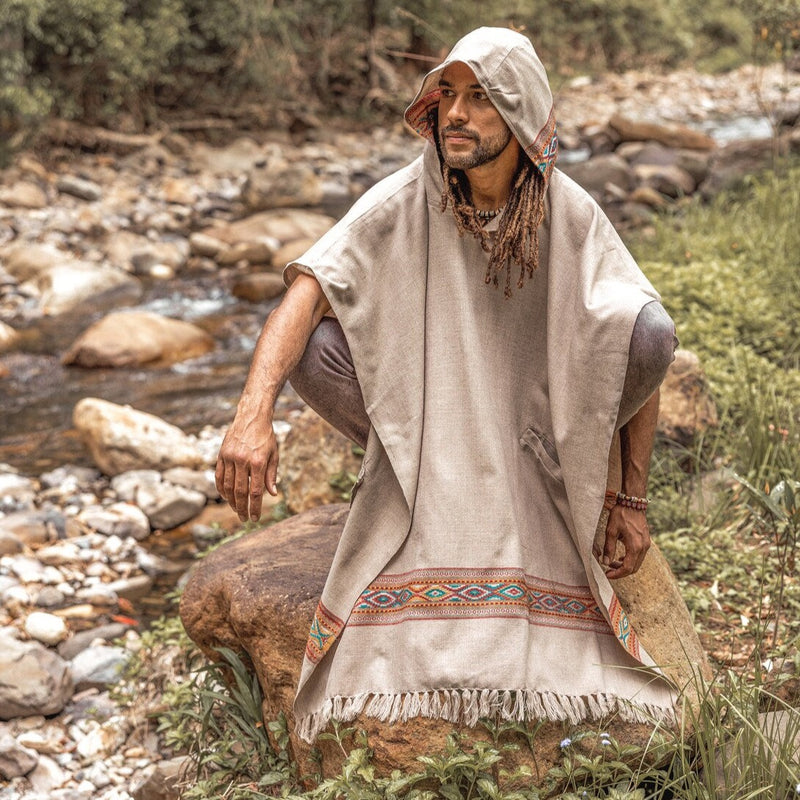 Men's Long Square Tribal Cashmere Poncho