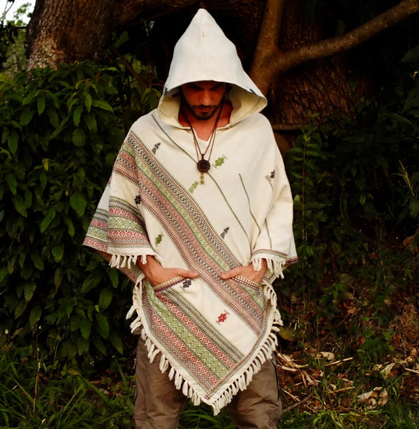 Men's Cashmere White Tribal Poncho