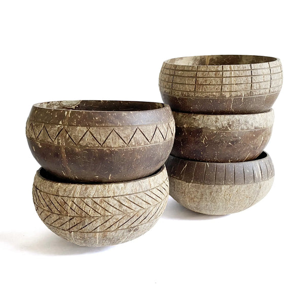 Boho Carved Jumbo Coconut Bowl Set of 5 