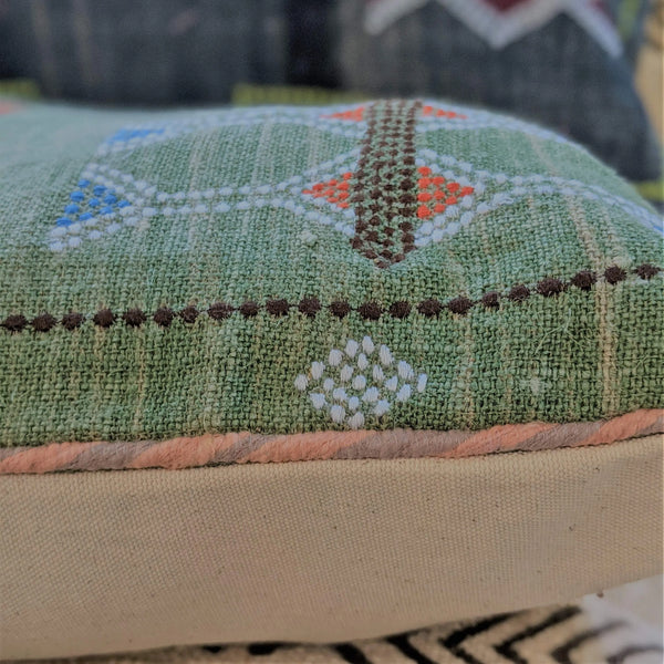 Green Block-print Cotton Lumbar Cushion Cover 