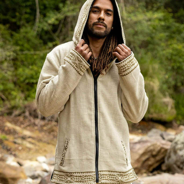 Men's Handmade Beige Tribal Fleece Hoodie