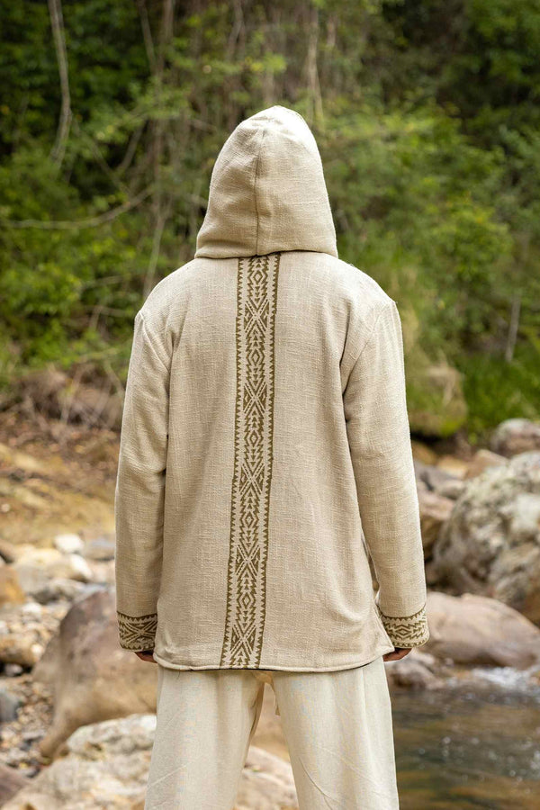 Men's Handmade Beige Tribal Fleece Hoodie