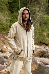 Men's Handmade Beige Tribal Fleece Hoodie